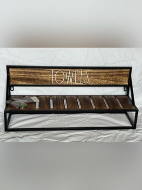 Rae Dunn wall-mounted towel shelf dark brown wood construction black metal frame